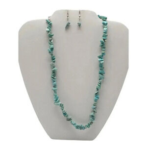 Blue Turquoise Chips Statement Long Necklace Earrings Set Silver Tone Vintage
